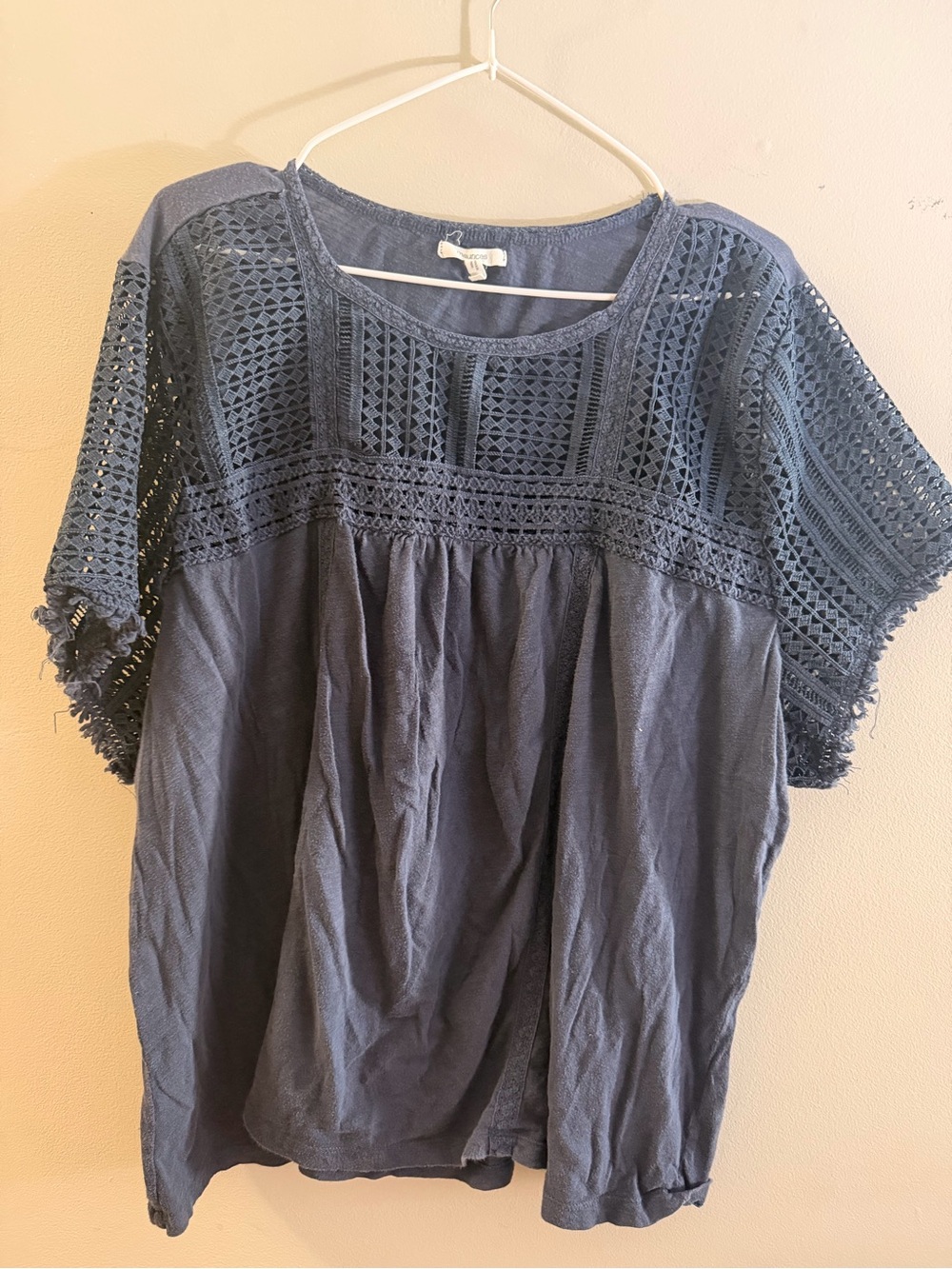 Maurices Navy Crochet-Detail Short Sleeve Blouse